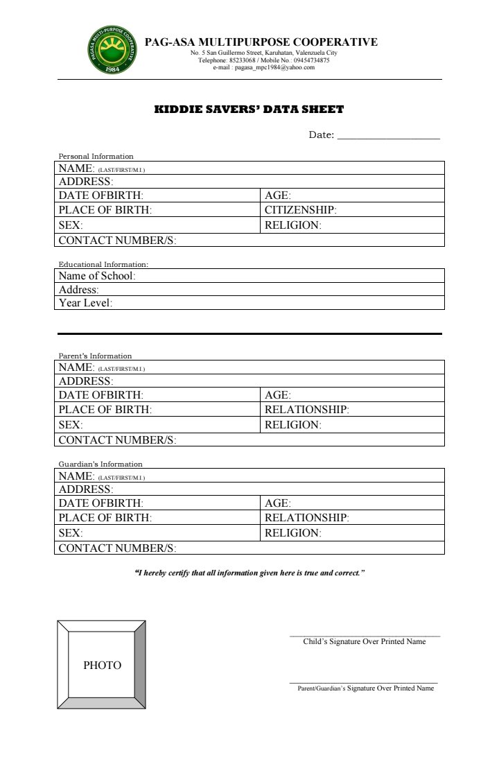KIDDIE SAVERS DATA SHEET